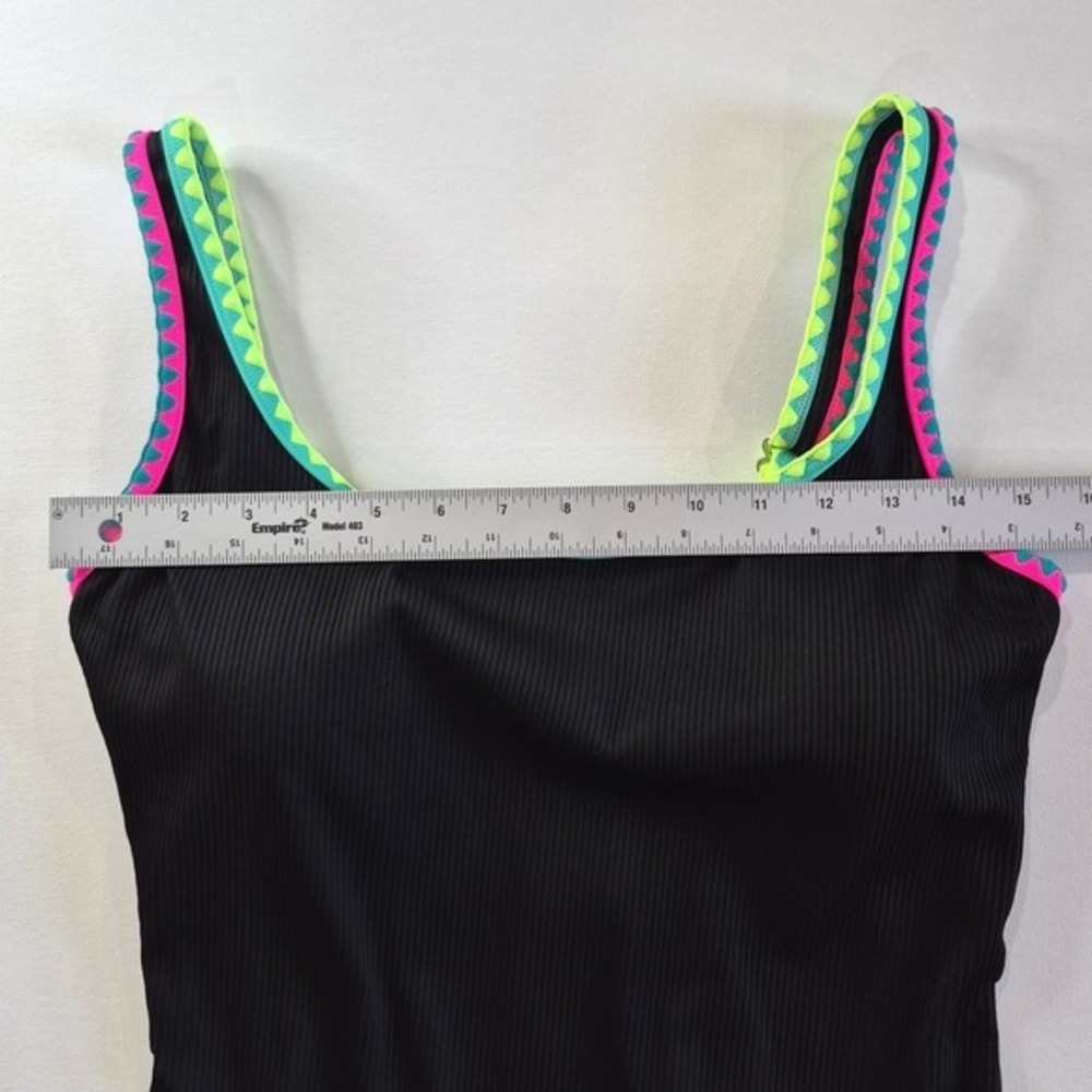 Popvil Womens One Piece Swimsuit Black Ribbed Neon Ric Rac Trim Size Large - Picture 4 of 7